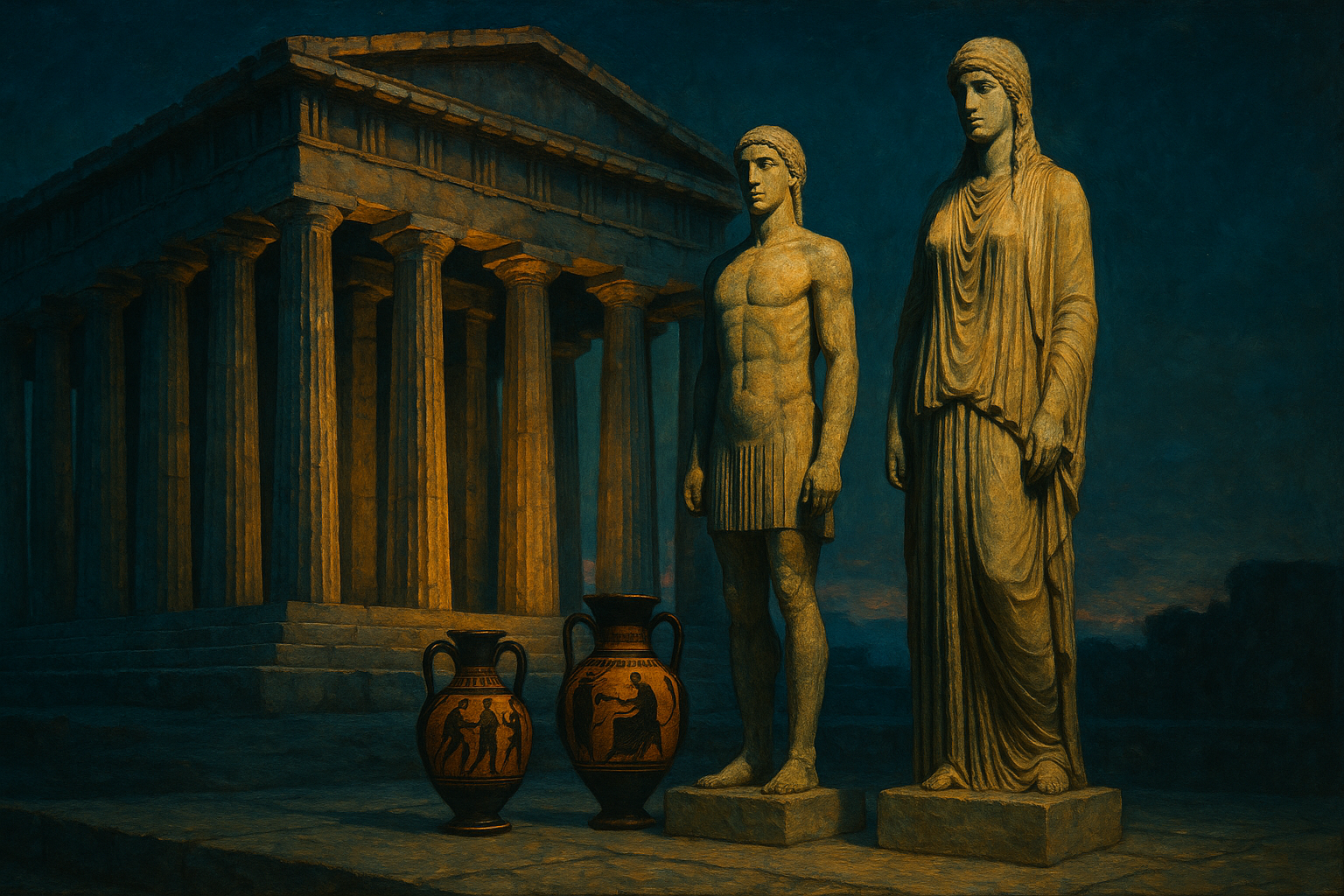 Ναός με κίονες · κούρος και κόρη